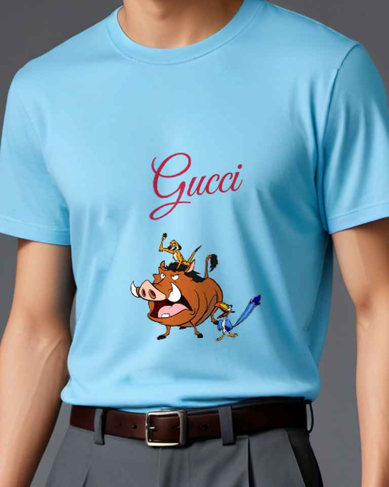 Sky Blue Pumbaa With Timon On Back Zazu Beside Graphic T-Shirt - model wearing view