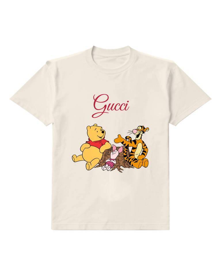 Ivory Winnie The Pooh Sitting Piglet Lying Tigger Beside Graphic T-Shirt - front product view
