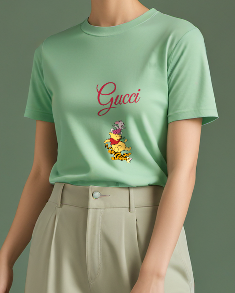 Sage Green Pooh Piglet Tigger Stacked Vertically Graphic T-Shirt - model wearing view
