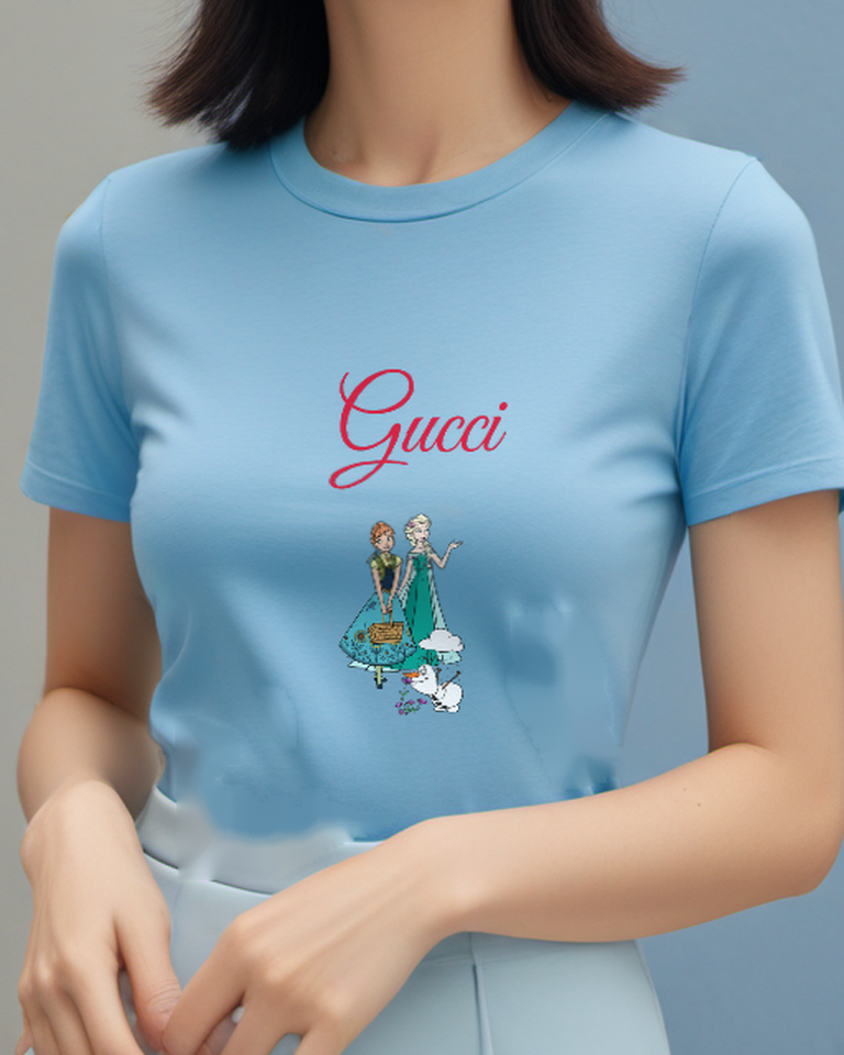 Sky Blue Anna And Elsa With Olaf Near Flowers Graphic T-Shirt - model wearing view
