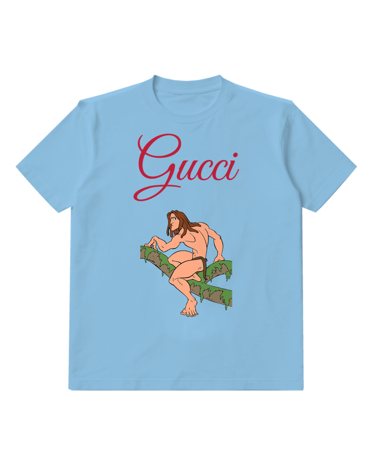 Sky Blue Jungle Man Carrying Green Bundle Graphic T-Shirt - front product view