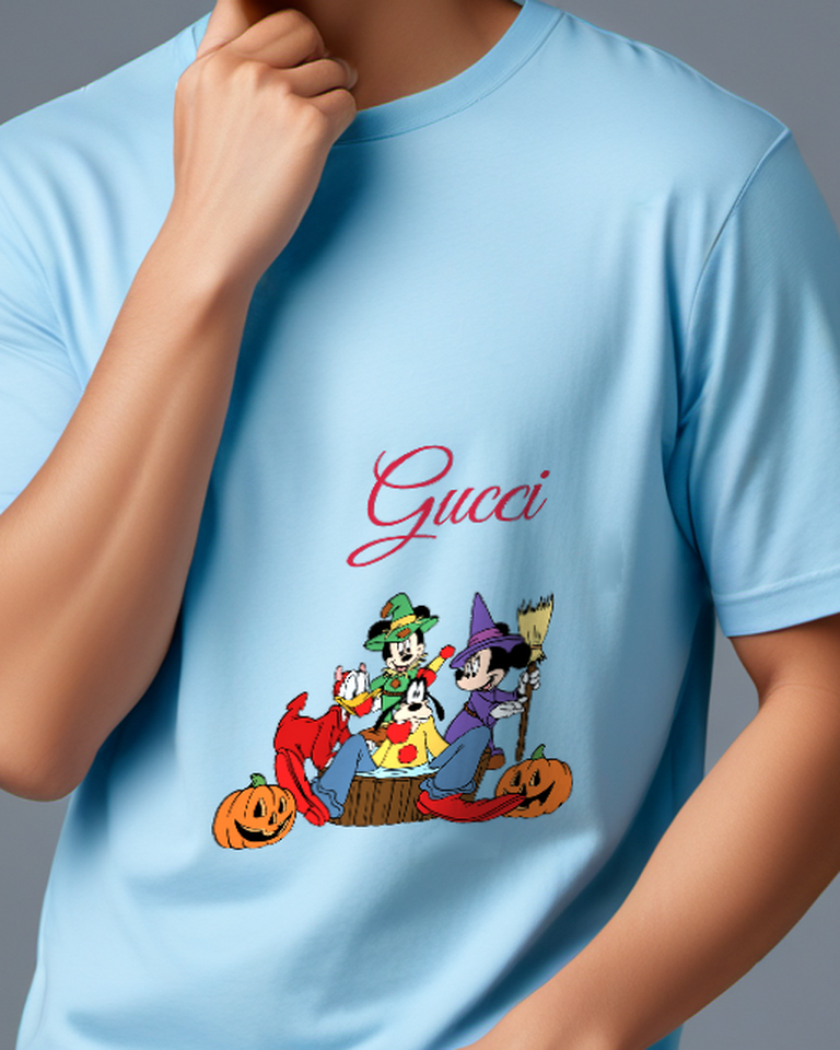 Sky Blue Mickey Minnie Donald Goofy In Halloween Poses Graphic T-Shirt - model wearing view