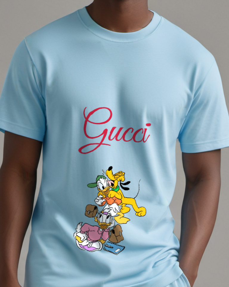Sky Blue Donald Daisy And Pluto In Dynamic Poses Graphic T-Shirt - model wearing view