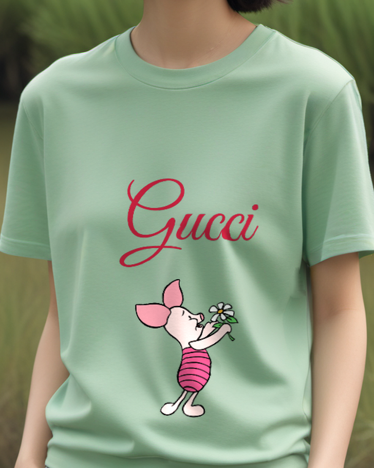 Sage Green Piglet White Flower Bouquet Graphic T-Shirt - model wearing view
