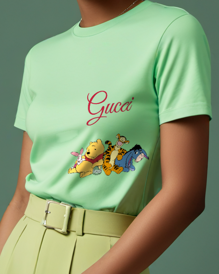 Sage Green Pooh Piglet Tigger Eeyore Sitting Together Graphic T-Shirt - model wearing view
