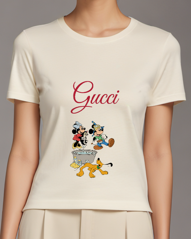 Ivory Mickey Minnie Figaro Pluto In Bath Scene Graphic T-Shirt - model wearing view