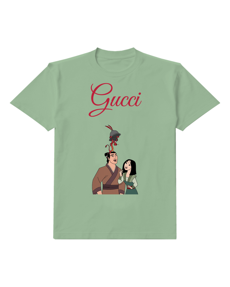 Sage Green Mulan And Li Shang With Mushu On Head Graphic T-Shirt - front product view