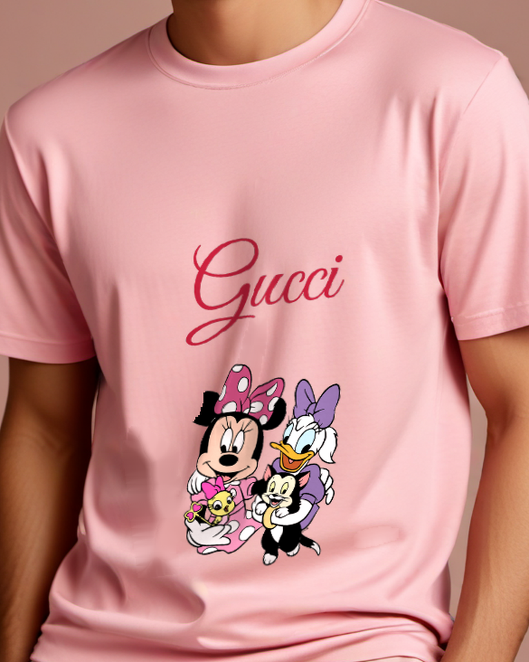 Blush Pink Minnie Mouse Holds Two Small Animals Graphic T-Shirt - model wearing view