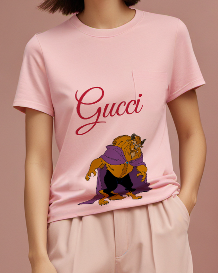 Blush Pink Beast Purple Cape Gold Trim Graphic T-Shirt - model wearing view