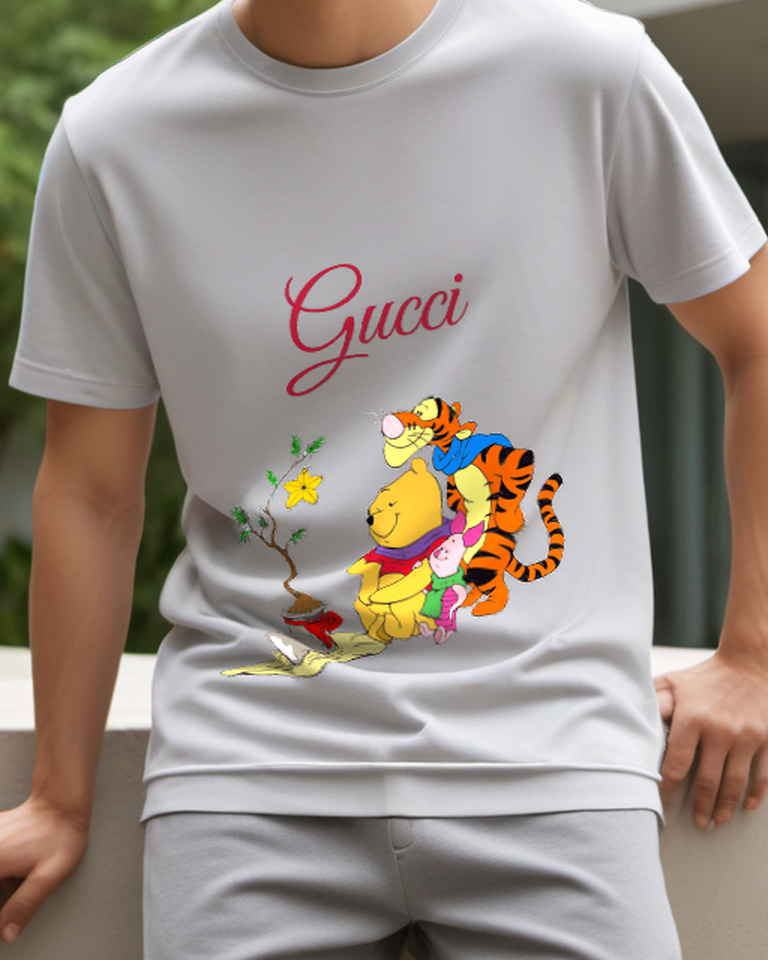 Light Gray Pooh Holds Piglet Tigger Above Graphic T-Shirt - model wearing view