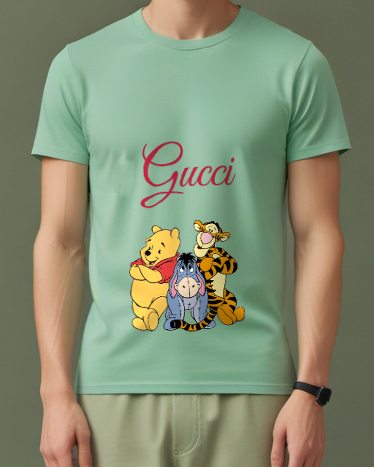 Sage Green Winnie The Pooh Tigger And Eeyore Together Graphic T-Shirt - model wearing view