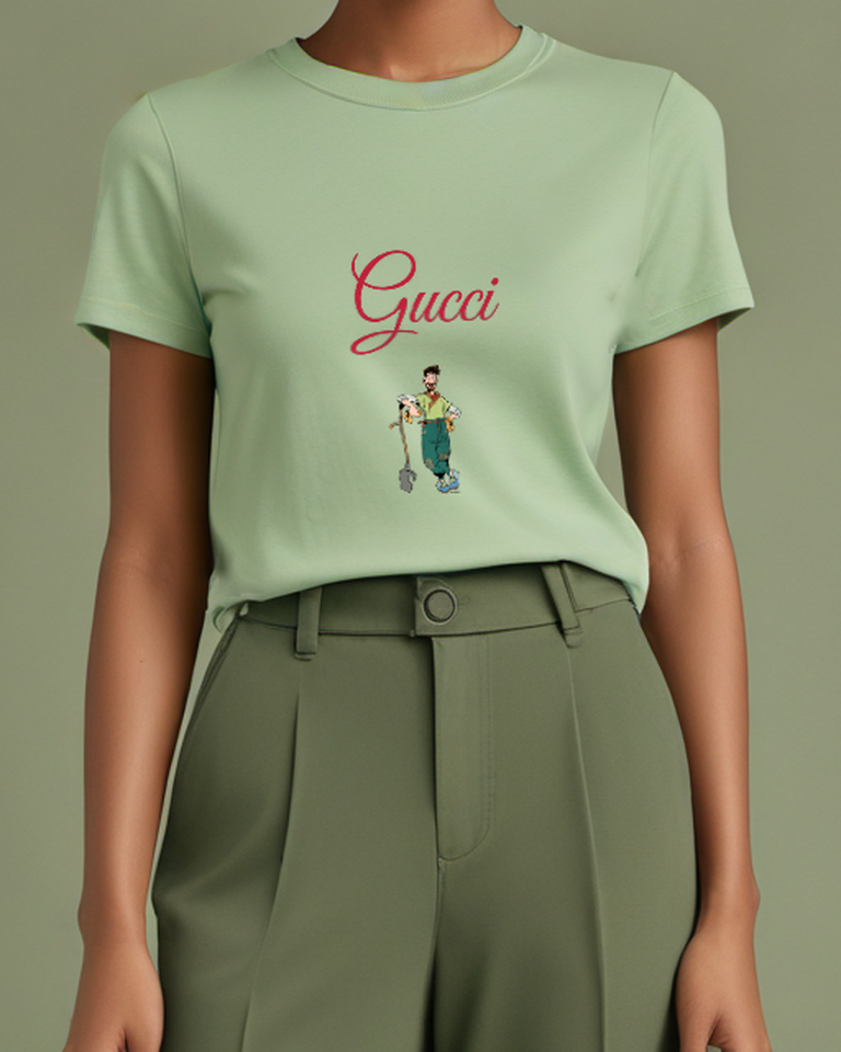 Sage Green Explorer Leaning On Shovel Graphic T-Shirt - model wearing view