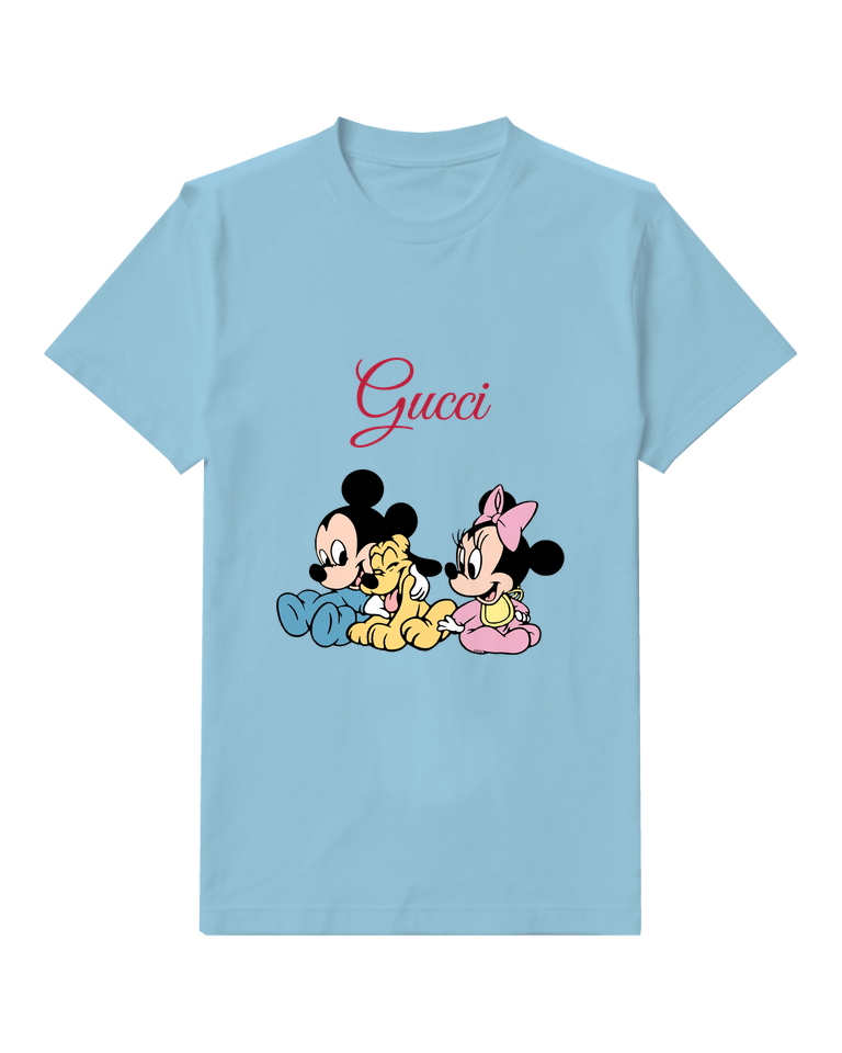 Sky Blue Mickey Minnie And Pluto Sitting Together Graphic T-Shirt - front product view