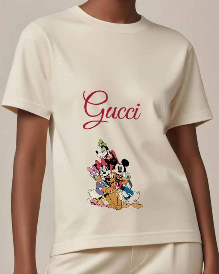 Ivory Mickey And Friends Group Hug Graphic T-Shirt - model wearing view