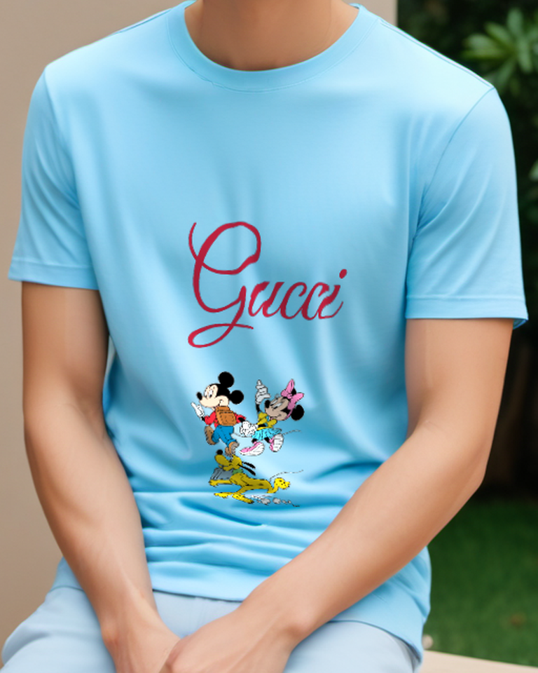 Sky Blue Mickey And Minnie Running Together Graphic T-Shirt - model wearing view
