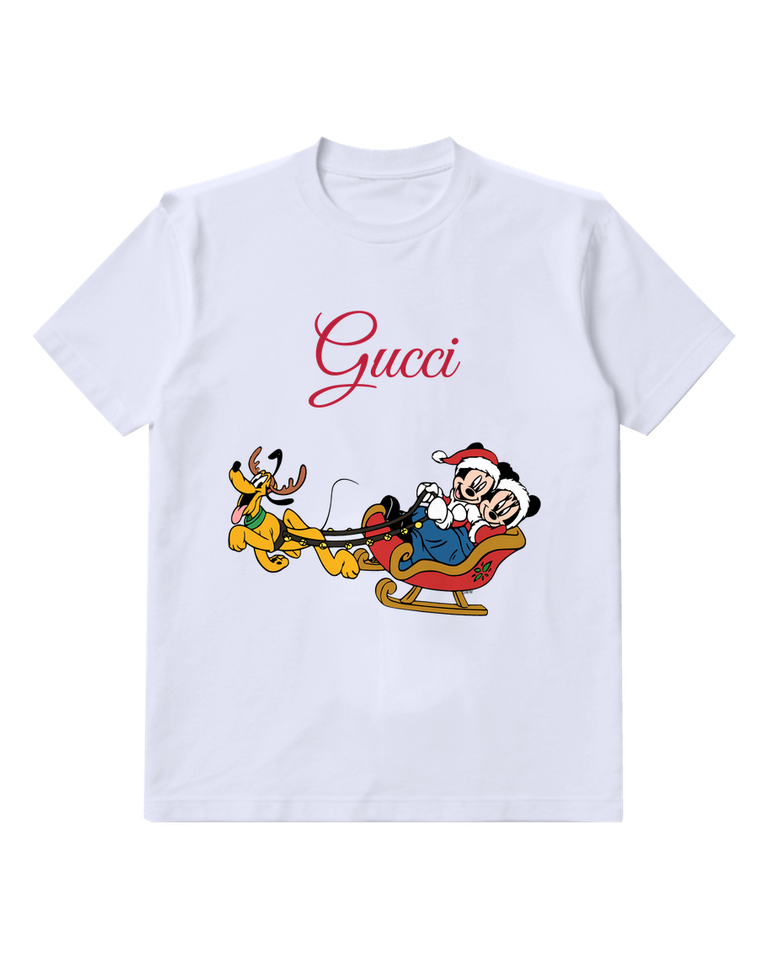 White Pluto Pulling Sleigh With Santa Graphic T-Shirt - front product view