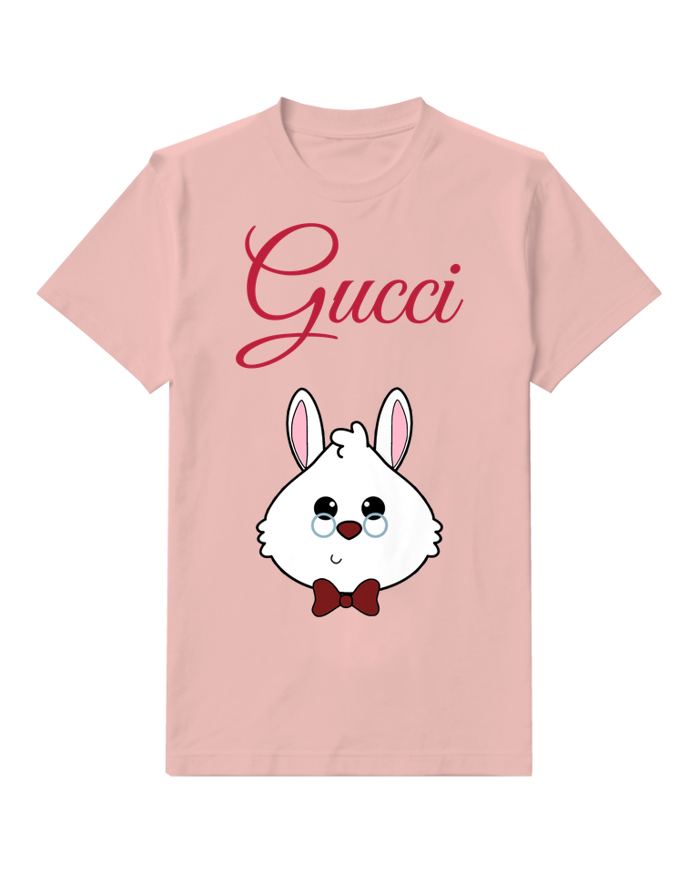 Blush Pink White Rabbit Red Bow Portrait Graphic T-Shirt - front product view
