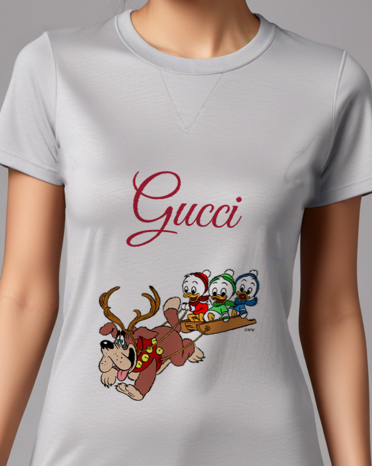 Light Gray Ducklings Ride Sleigh Pulled By Reindeer Graphic T-Shirt - model wearing view
