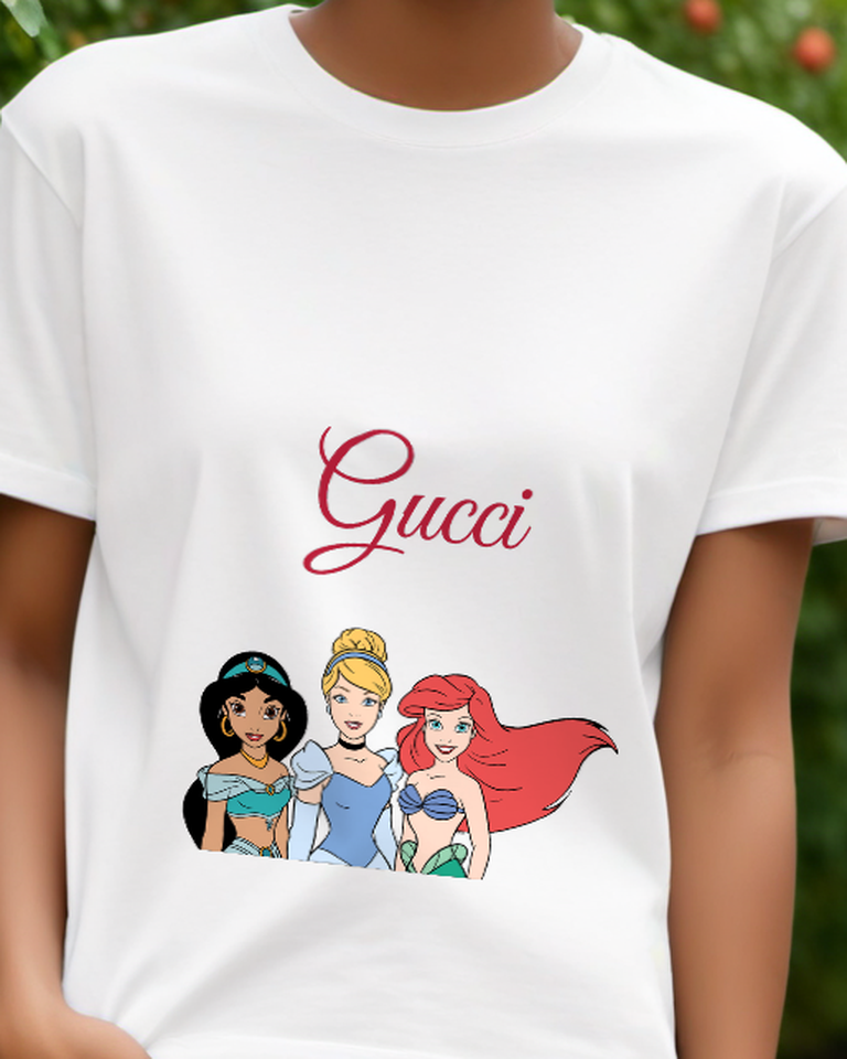 White Three Princesses Standing Side By Side Graphic T-Shirt - model wearing view