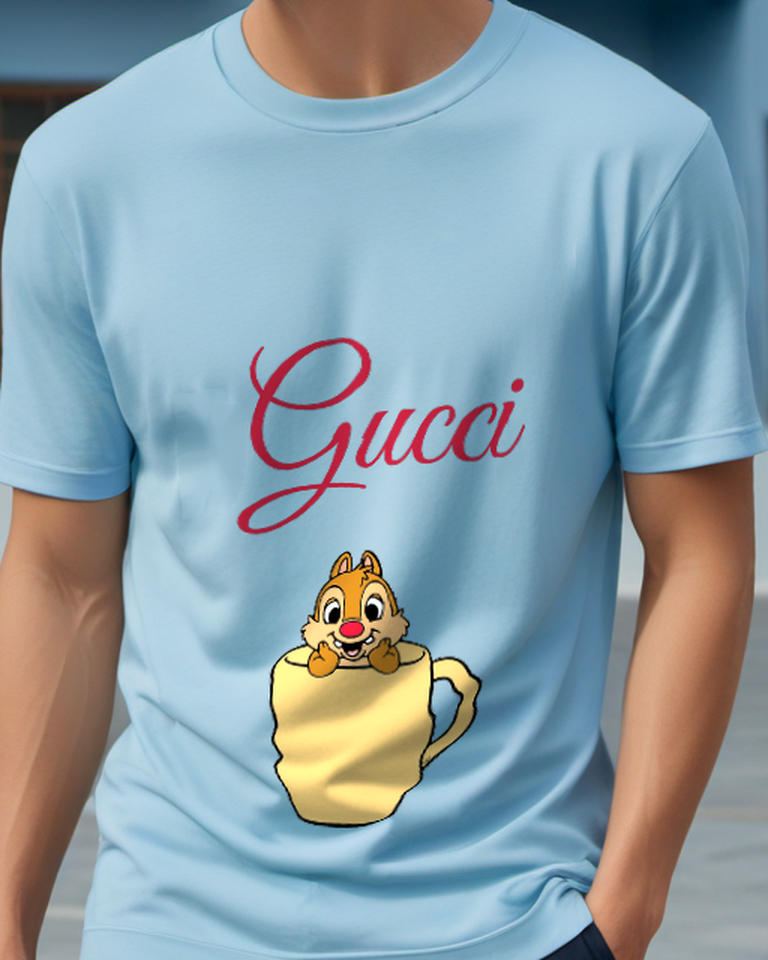 Sky Blue Chipmunk Yellow Mug Peek Graphic T-Shirt - model wearing view