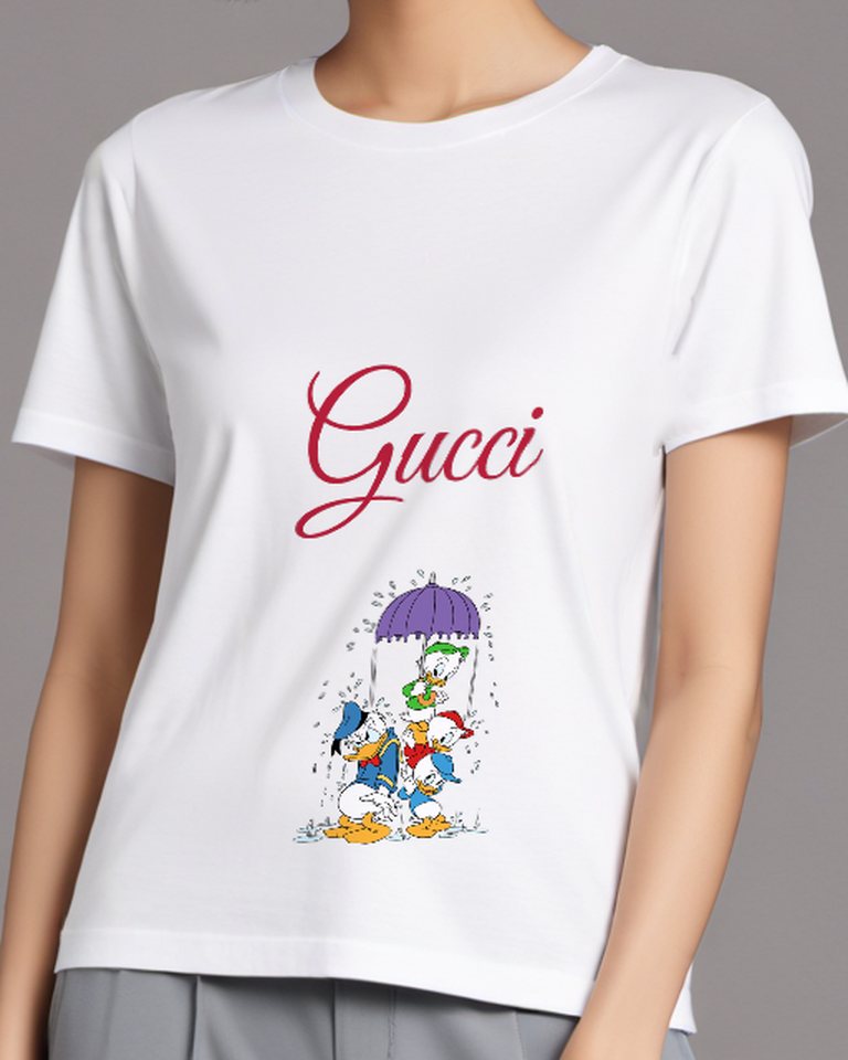 White Donald Duck With Nephews Under Umbrella Graphic T-Shirt - model wearing view