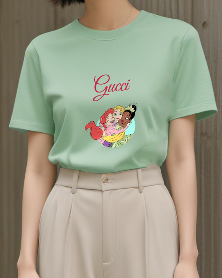 Sage Green Three Princesses Hugging Joyfully Graphic T-Shirt - model wearing view