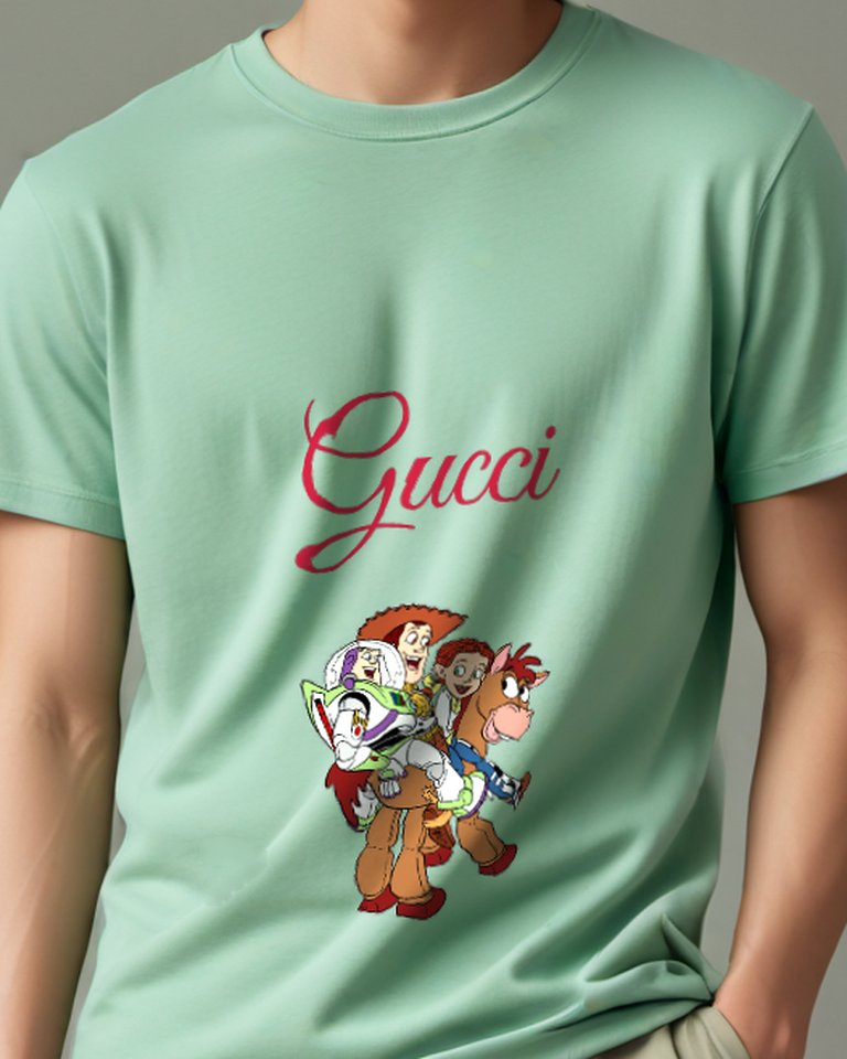 Sage Green Toy Characters Ride Horse Together Graphic T-Shirt - model wearing view