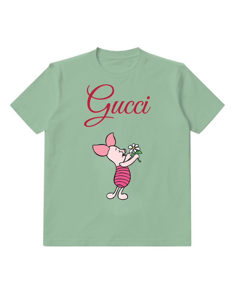 Sage Green Piglet White Flower Bouquet Graphic T-Shirt - front product view