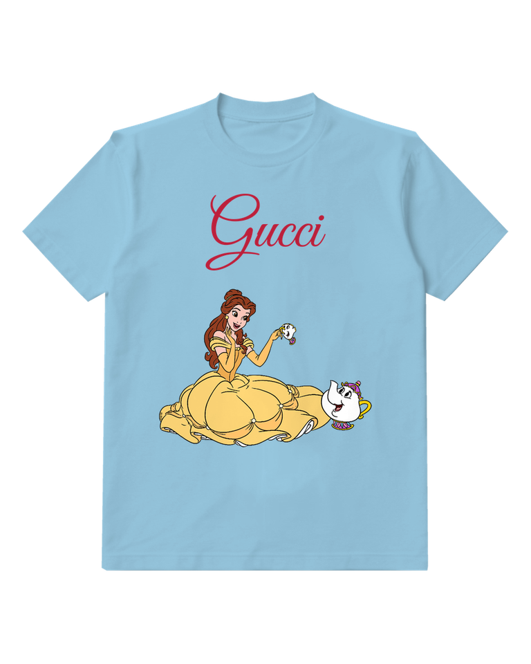 Sky Blue Belle Holds Teacup With Chip Graphic T-Shirt - front product view