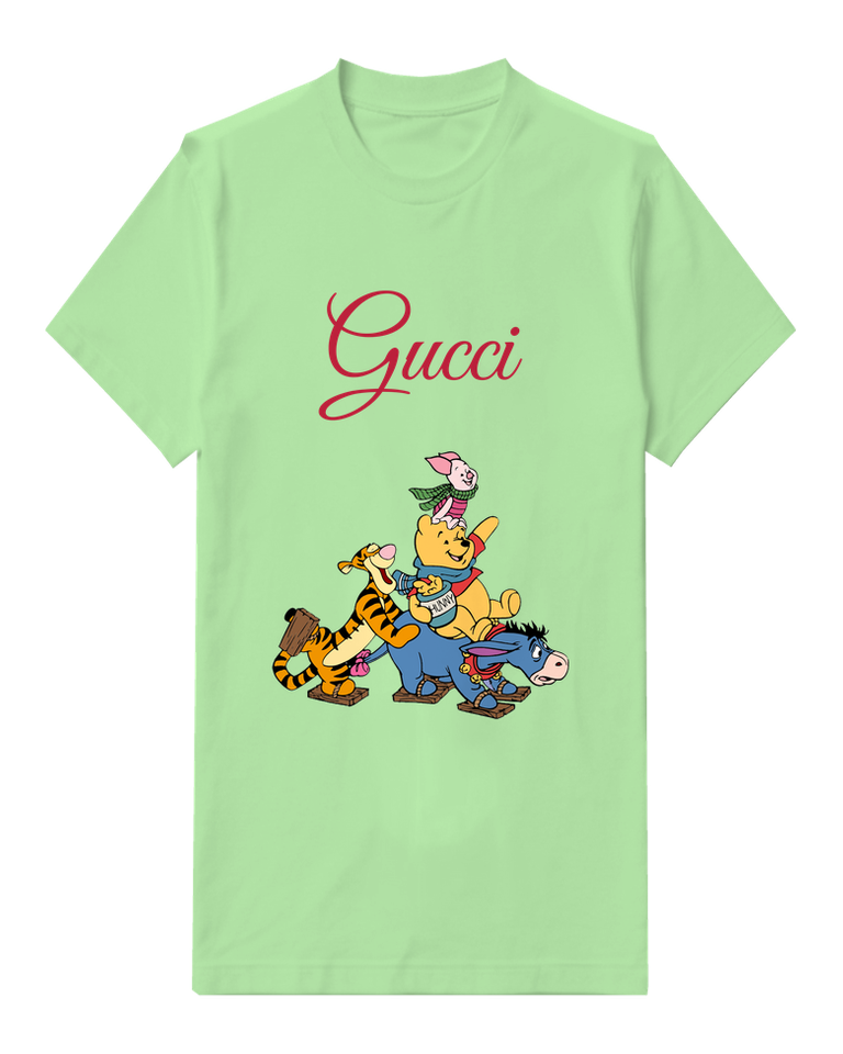 Sage Green Pooh Friends In Scarves With Honey Pot And Wooden Skis Graphic T-Shirt - front product view
