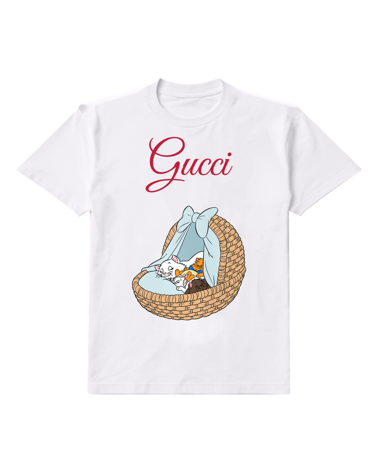 White Three Kittens Sleeping In Basket Graphic T-Shirt - front product view