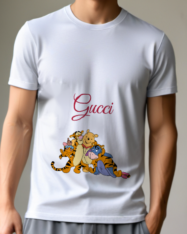 Pale Lavender Tiger Group Hug With Bear And Mouse Graphic T-Shirt - model wearing view